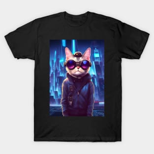 Cool Japanese Techno Cat In Japan Neon City T-Shirt